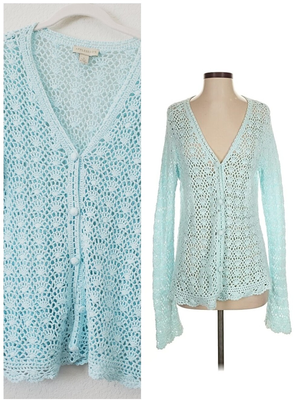 Appleseed's Cotton Aqua Blue Crochet Knit Cardigan Sweater S Boho Mermaidcore